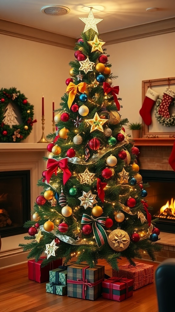 Creative Decorating Ideas for a 9-Foot Christmas Tree A tall Christmas tree decorated with colorful ornaments and lights in a cozy living room.